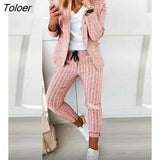 Autumn Casual Plaid Print Long Sleeve Blazer Coat & Drawstring Pants Set Two Pieces Suits Womens Elegant Ladies Tops