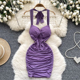 Wind Hanging Neck Sling Dress Women Summer Shiny Folds Design Ass Short