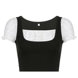 y2k Trim Button Crop Top Short Sleeve Knitted T Shirt Prepply Cute Square Collar Pullovers Women Summer Korean Tee