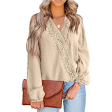 Blouses For Women Fashion Lace Patchwork V Neck Long Sleeve Office Work Shirts Tops Lady Oversized Casual Chiffon