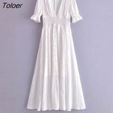 Elegant Organza Long Dress Women Summer Elastic Waist V Neck Puff Sleeve Split Hem White Vestidos Boho Beach Dresses