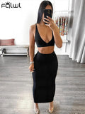 Summer Streetwear 2 Two Piece Set Outfits Women Skirts Sleeveless Backless Crop Top Maxi Skirts Black Matching Dress