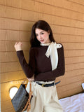 Xixi 2025 Autumn White Standard Korean Version Of Elegant Temperament Solid Color Tie With Thin Knitted Shirt Top Female