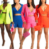 3 Piece Set Long Sleeve Blazer Coat Button shorts and Strap Crop Top Autumn Outfits Blazer Suit Street Women