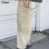 Fashion Low Waist Solid Long Skirt Y2k Women High Waist Retro Ruched Cargo Skirts Long Slit Tech Outfits