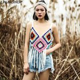 crocheted knitting tassels summer tops hollow out black white patchwork crop top beach backless tank top bohemian