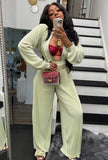Fashion Rib Button Up Loose Blouse and PantS