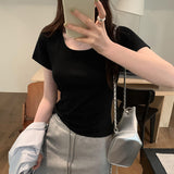 Short Threaded Shoulder Slim Short-Sleeved T-Shirt Women's New Solid Color Summer Casual Round Collar Blouse-Outfit