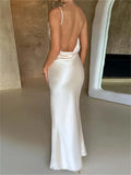 Elegant Women Satin V-neck Low Cut Long Dress Spaghetti Strap Backless Ruched Dress High Split Party Female Vestidos-Outfit