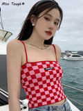Plaid Sexy Vest Women Sleeveless Elegant Party Crop Tops Female High Street Beach Holiday Chic Strap Tank Tops 2022
