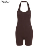 Basic Striped Halter Rib Knit Playsuit Women Casual Backless Streetwear Rompers 2021 Sporty Workout Elastic Biker