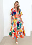 Women's Summer New Flower Print Bubble Sleeve A-Shaped Long Dress Temperament