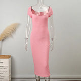 Off Shoulder Knitted Midi Dress Woman Fashion Solid Bodycon Long Robe 2022 Elegant Chic Club Party Sweater