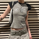 Summer Hot Girls Hipster Street Retro Round Collar Shoulder Collision Wing Printed Short-Sleeved T-Shirt-Outfit