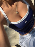Blue Retro Letter Embroidery Slim Fit Cami Crop