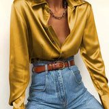 Fashion Women Satin Blouse Shirt 2022 Autumn Long Sleeve Lapel Button Shirt Elegant Tunic Top Solid Slik Blusas