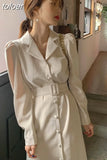 Sashes Dresses for Women Party Office Lady Trumpet Mermaid Long Sleeve Midi Woman Dress Beige Korean Clothes