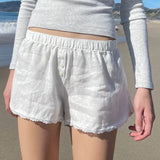 Style Buckle Solid Color Simple Woven Shorts Loose Waist Loose 100-Lap Spliced Lace Casual Trousers-Outfit