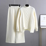 Winter Women Sweater Suits Thick Turtleneck Loose Sweater+ Wide Leg Long Pants Female Knitted Warm Two Pieces