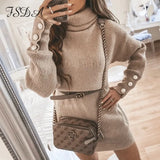 2020 Turtleneck Long Sleeve Sweater Dress Mini Oversized Knitted Autumn Winter Khaki Button Women Casual Dresses