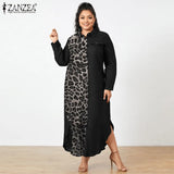 ZANZEA Fashion Women Shirt Dress 2022 Spring Autumn Leopard Printed Patchwork Maxi Dresses Long Sleeve Loose Oversize Robe