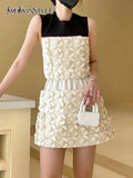 Slim Two Piece Set Women Round Neck Sleeveless Backless Tops High Waist Mini Skirt Patchwork Floral Sets Female