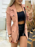 Autumn Women Solid Coats Turn Down Collar Full Sleeve Regular Casual Drawstring Tight Waist Zipper Pockets Jackets-Outfit