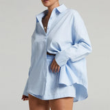 Loungewear Women Blue Suits With Shorts Casual Loose Long Sleeve Cardigan Shirt Two Piece Set Sleepwear Summer