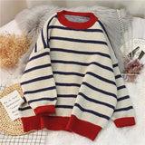 Women Sweater Striped Casual Loose Pullover O-Neck All-Match Knitted Top Jumper Fall Long Sleeve Chic Knit