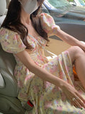 Floral Sweet Dress Women Designer Ruched Chic Midi Dress Female Chiffon Korean Fashion Puff Sleeve Elegant Dress 2022