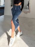 Blue Denim Skirt For Women High Waist Straight Split Solid Streetwear Midi Skirts Female Fashion Clothing New