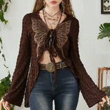 Texture Fabric Vintage Brown Lace Loose Leisure Butterfly Cardigan Jacket Early Autumn 2023-Outfit