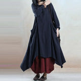 ZANZEA Women Spring O Neck Long Sleeve Cotton Linen Dress Pockets Loose Solid Asymmetric Hem Pleated Flare