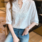 Embroidery Women Blouse Tops V-neck Short Sleeve White Shirt Woman Applique Vintage Cotton Female Blouses Blusas