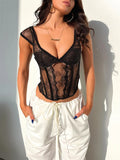 Lace Mesh Sheer Bustiers Crop Tops Summer Casual Sleeveless Strap V Neck Vest Women Basic Tank for Party Streetwear-Outfit