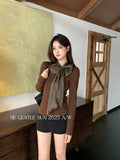 Xixi 2025 Autumn White Standard Korean Version Of Elegant Temperament Solid Color Tie With Thin Knitted Shirt Top Women