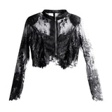 Casual Black Lace Panel Perspective Sun Protection Women Coat Stand Collar Long Sleeve Korean Short Jackets