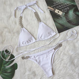 Toloer New Bikini Bandage Cross Bikini Solid Color Metal Diamond Swimsuit Sexy Female