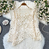 Cut-Cut Pattern Round-Neck Long-Sleeved Lace Women's Shirt 2025 Summer High-End Elegant