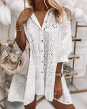 2021 new women's loose solid color hollow single-breasted long shirt