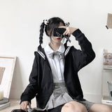 QWEEK Kawaii Black Zip Up Hoodie Women Sailor Collar Sweatshirt Japanese Streetwear Soft Girl 2021 Fashion Oversized