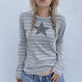 Striped Five-Pointed Star Leisure T-Shirt Women's Autumn Daily Simple Commuter Star Hit Color Long-Sleeved Blouse-Outfit