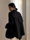 Women Black Thick Big Size Woolen Blazer New Lapel Long Sleeve Loose Fit Jacket Fashion Tide Spring Autumn 2023