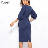Elegant Women Dress Office Lady Mid-Calf Pencil Dress With Sashes Lantern Sleeve Slim Bodycon Party Dress
