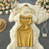 Women Korean Style Mini Dress Summer 2022 Letter Print Vacation Solid Backless Sexy Ladies Party Knit A Line