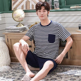 Men Pajama Sets Cotton Male Short Sleeve O-Neck Striped Pyjama Set For Man Summer Sleepwear Suit Leisure Homewear