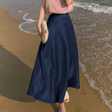 Summer New Women's Skirts Fashion Elegant Acetic Acid Fabric Midi Length High Waist Streetwear Satin Thin White Woman