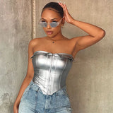 Toloer Women's 2024 New Lapel Wipe Breast PU Skin Fish Bone Sexy Cardigan Zipper Top Small Vest-Outfit