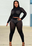 Plus Size Sexy Mesh Dot See Through Long Sleeve Top And Pant 2 Piece