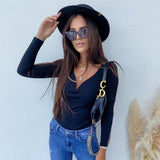 Deep V Neck Ribbed Tops Women's Sexy Long Sleeve Woman Skinny Minimalist Autumn 2021 Basic Korean Solid Chic